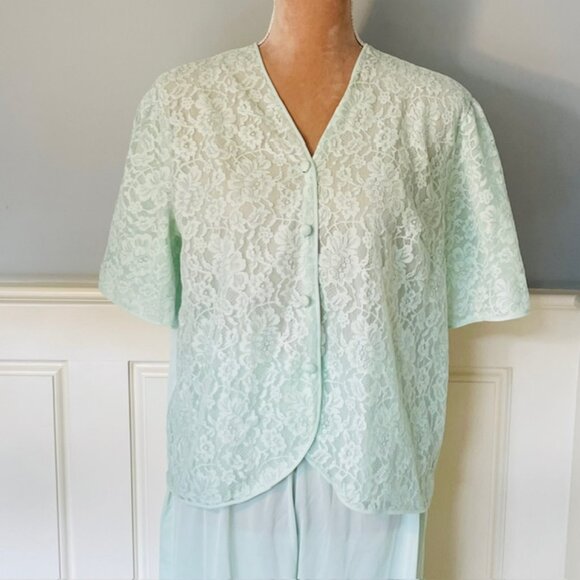 Vintage Vanity Fair Tricot Nylon 1960's Lace Lounge Set Pajamas Seafoam Medium - Picture 2 of 10